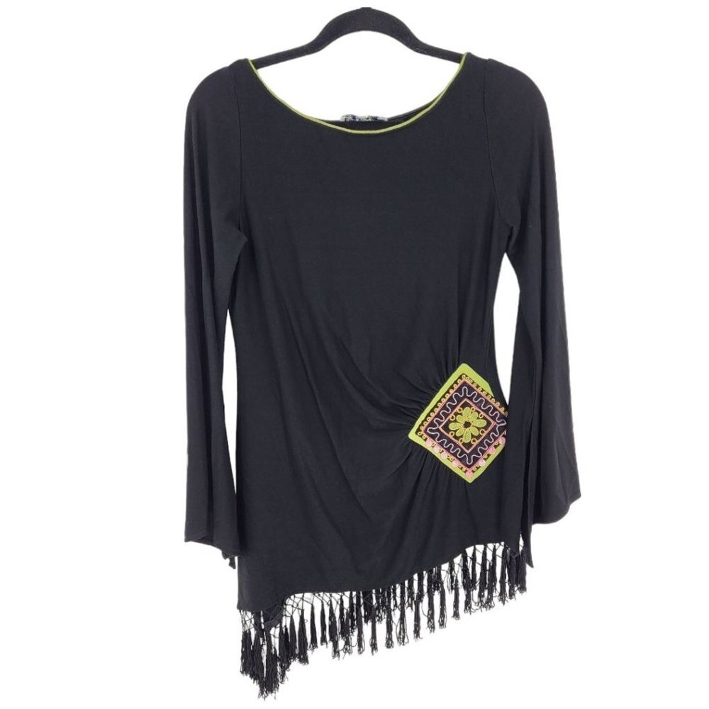 Linda Segal womens Medium Black long sleeve asymmetrical embroidered tassel top